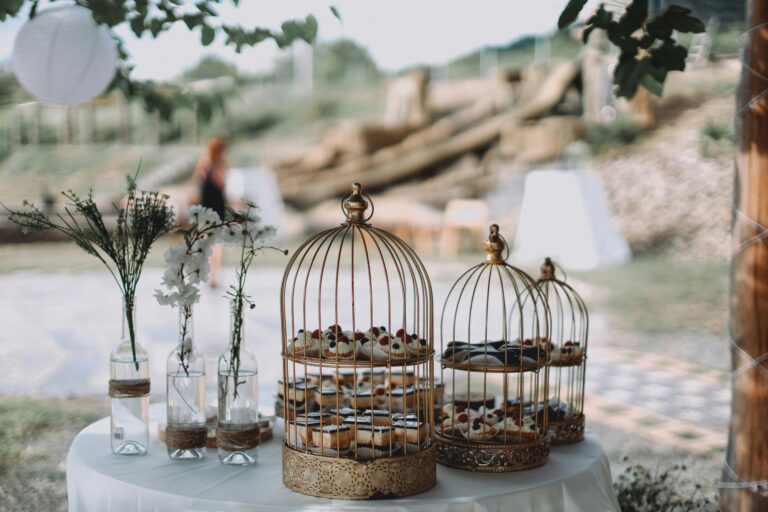 Beautiful outdoor garden party setup with decorative cakes in birdcages and floral accents on a table.